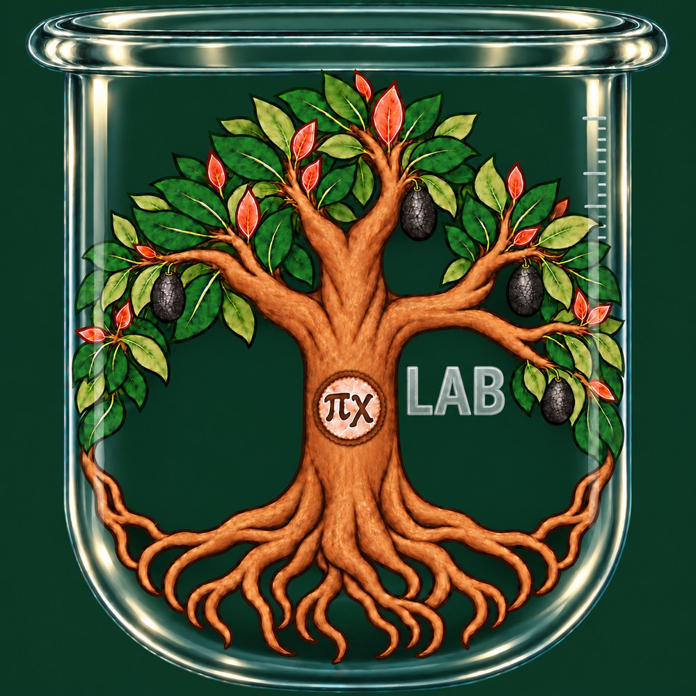 Versión nocturna del logotipo: el árbol de raíces profundas dentro del frasco, sobre fondo verde noche.